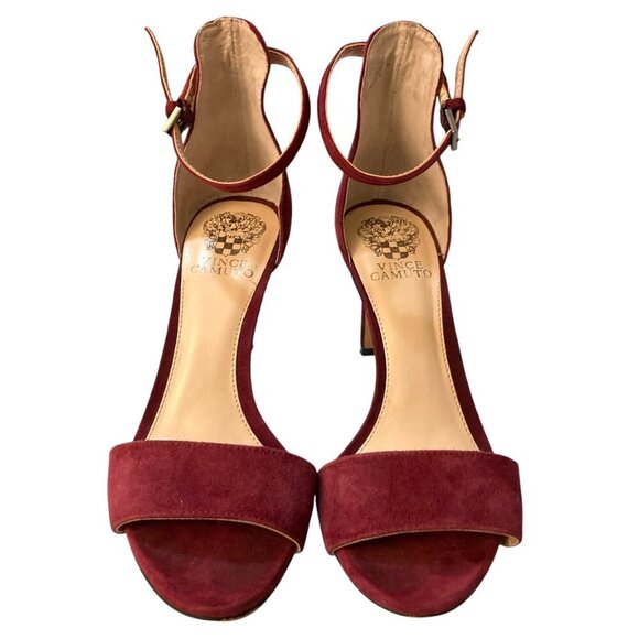 VINCE CAMUTO Court Suede Open Toe Ankle Strap Heels Chianti - Picture 2 of 11